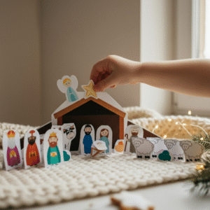 uma mãozinha interage com um presépio em pdf para imprimir