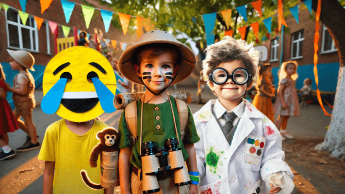 Três crianças com fantasias infantis de carnaval brincando em uma festa ao ar livre, com decorações coloridas ao fundo.