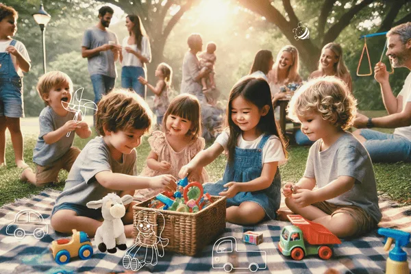 um encontro de familias em um rodízio de brinquedos comunitário