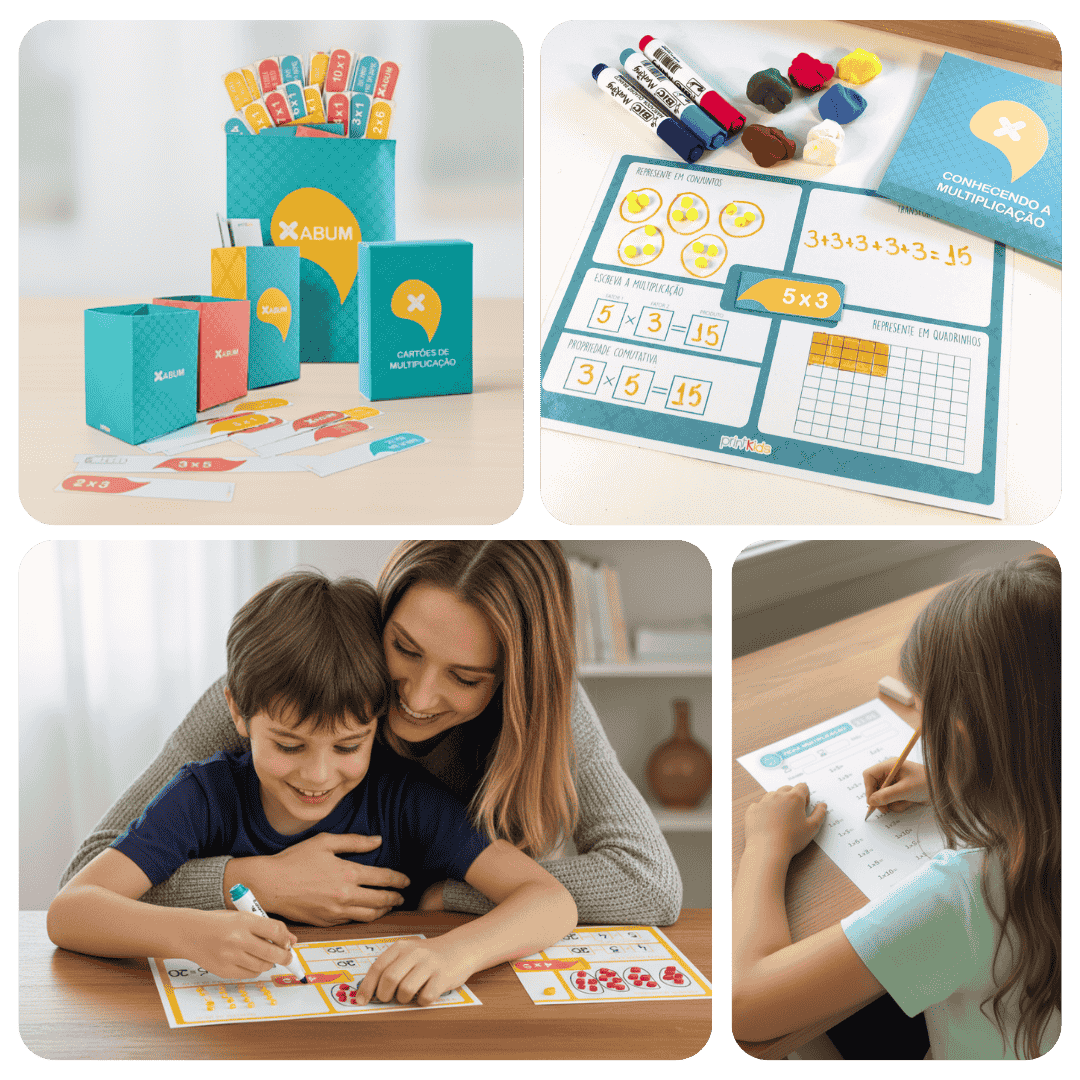 Mãe e filho aprendendo tabuada de forma divertida