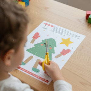 Criança brincando com Árvore de Natal Articulada, movendo os braços presos com colchetes bailarina.