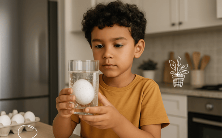 Experimento ovo saltitante - uma bancada com um copo de água e um ovo dentro e muitas bolhas de ar em torno dele