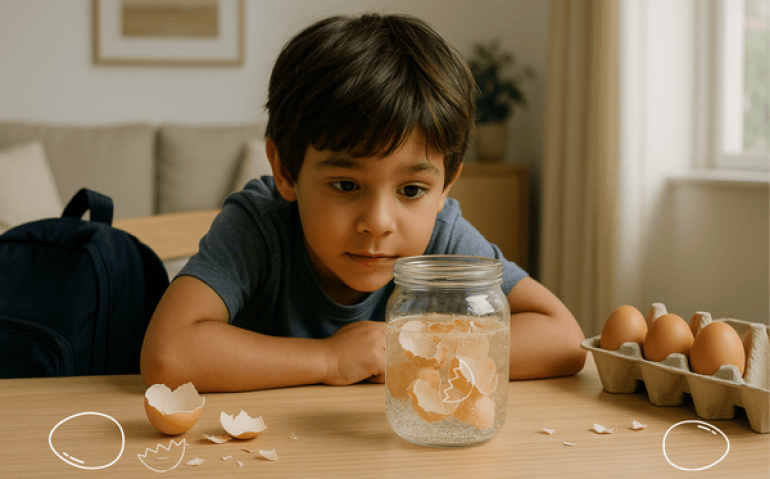 Uma criança vendo interessada o experimento ovos que dançam