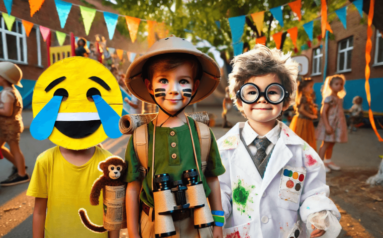 Três crianças com fantasias infantis de carnaval brincando em uma festa ao ar livre, com decorações coloridas ao fundo.
