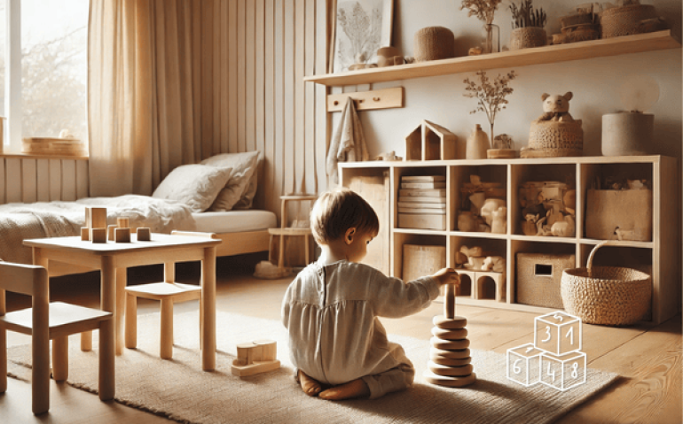 cantinho de brincadeiras Montessori com um bebê brincando