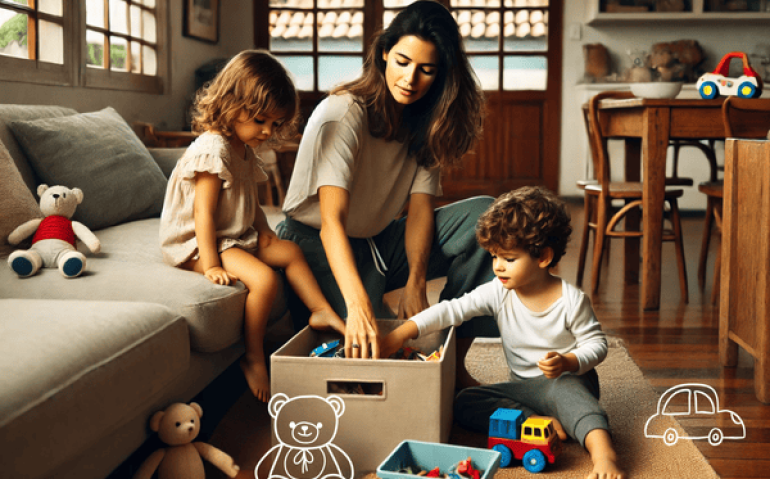 Mãe e filhos aprendendo como organizar brinquedos e roupas infantis