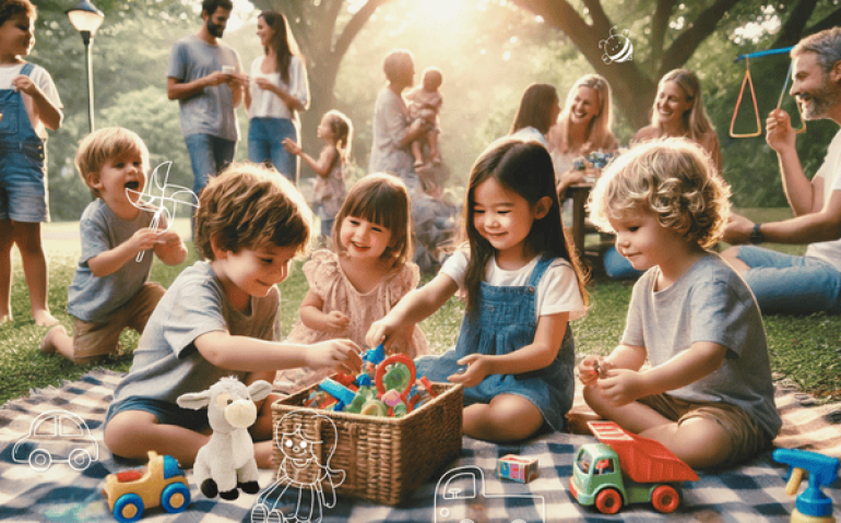 um encontro de familias em um rodízio de brinquedos comunitário
